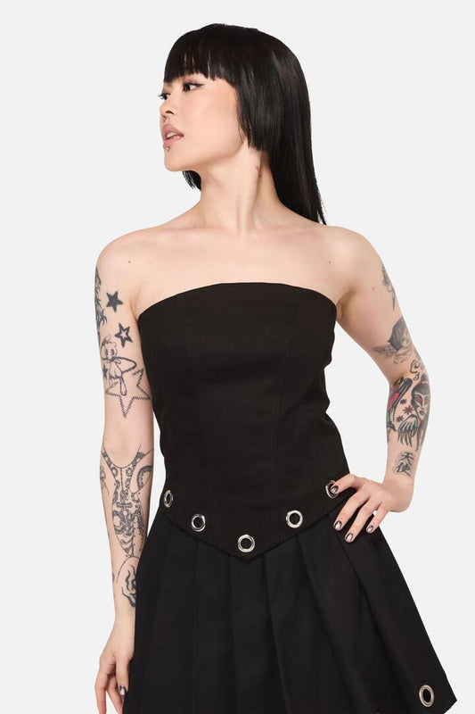Image of a model wearing Tops. Productname: Inferno Eyelet Punk Corset Top in Black colour by brand - Black Friday