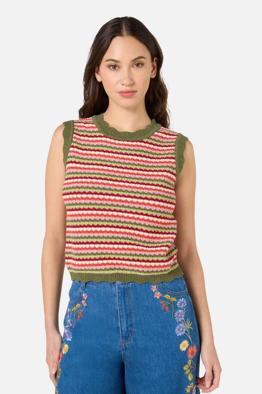 Image of a model wearing Tops. Productname: Leslie Stripe Knit Tank Top in Olive colour by brand - Princess Highway