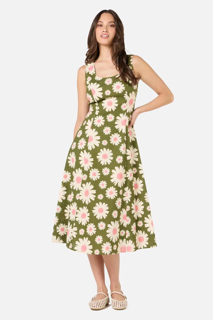 Image of Dresses. Productname: 60's Daisy Midi Dress in Olive colour by brand - Princess Highway