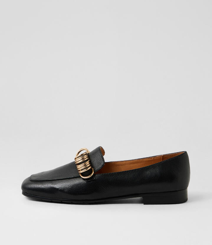 Image of Flats. Product name - Paray Black Leather Loafers in Black-Black Heel colour by brand - MIDAS