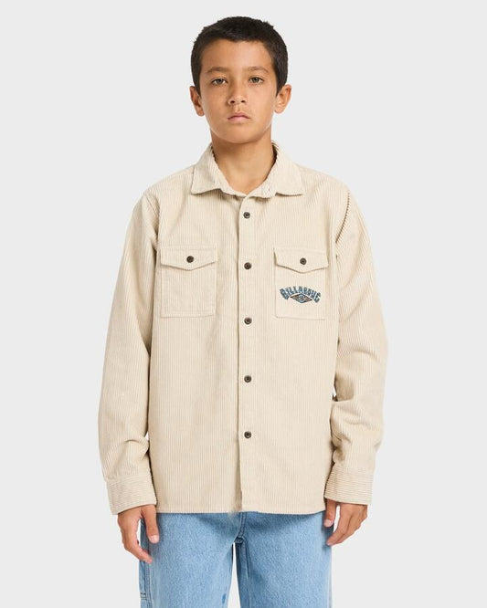 Image of a model wearing Tops. Product name - Billabong Boys 8-16 Bong Days Flannel Top Stone in Stone colour by brand - Billabong