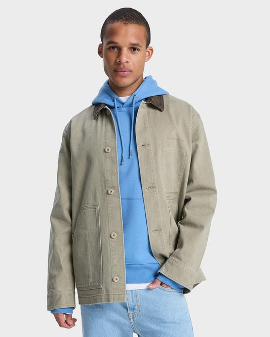 Image of a model wearing Outerwear. Productname: quiksilver - Mens Surf Chores Shacket - Seneca Rock - in Seneca Rock colour by brand - quiksilver