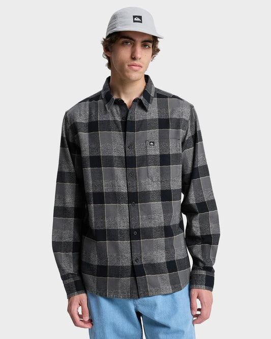 Image of a model wearing Tops. Productname: quiksilver - Mens Motherfly Plaid Long Sleeve Shirt - Iron Gate Motherfly - in Iron Gate Motherfly colour by brand - quiksilver