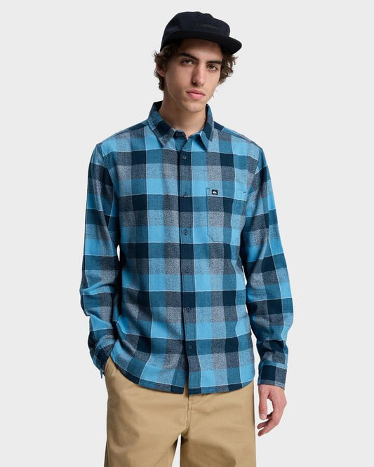 Image of a model wearing Tops. Productname: quiksilver - Mens Motherfly Plaid Long Sleeve Shirt - Dark Navy Motherfly - in Dark Navy Motherfly colour by brand - quiksilver