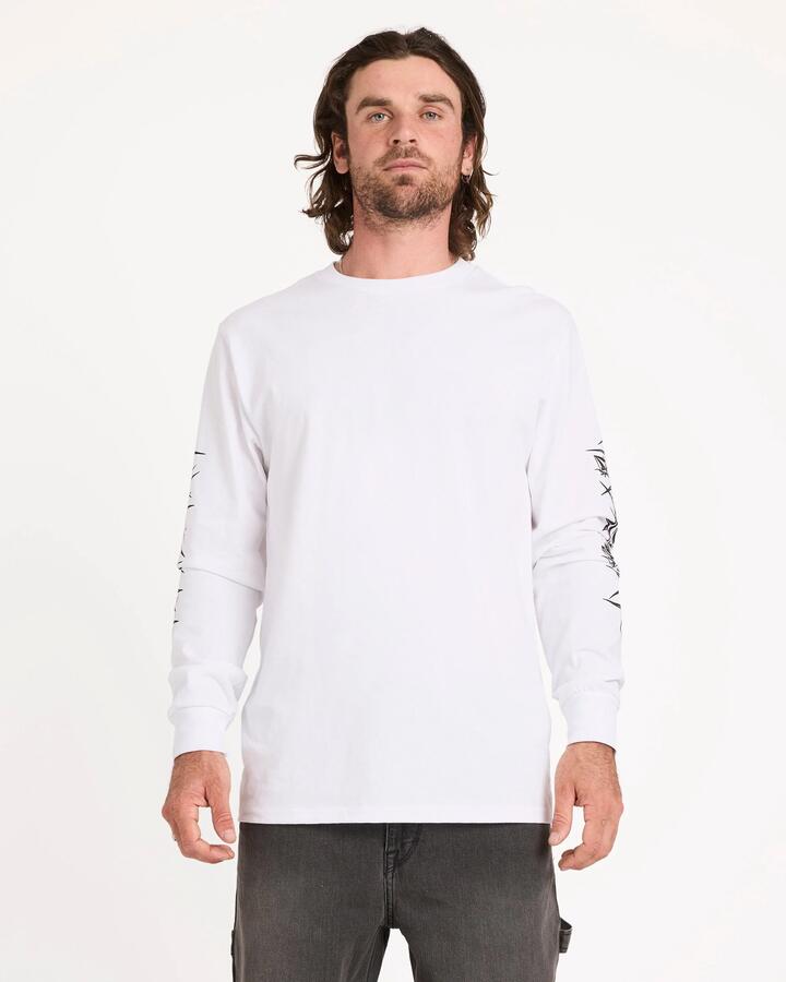 Image of a model wearing Tops. Product name - Volcom Mens Die By The Stone Long Sleeve Tee White in White colour by brand - Volcom