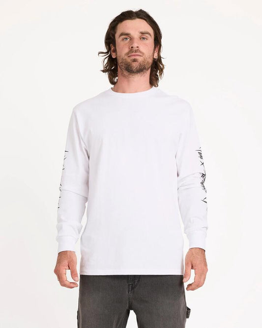 Image of a model wearing Tops. Product name - Volcom Mens Die By The Stone Long Sleeve Tee White in White colour by brand - Volcom