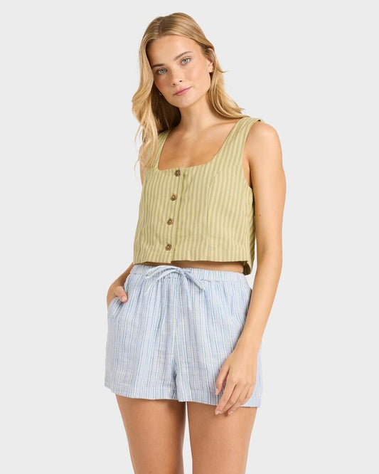Image of a model wearing Shorts. Productname: billabong - Womens Wanderer Elastic Waist Shorts - Twilight Blue - in Twilight Blue colour by brand - billabong