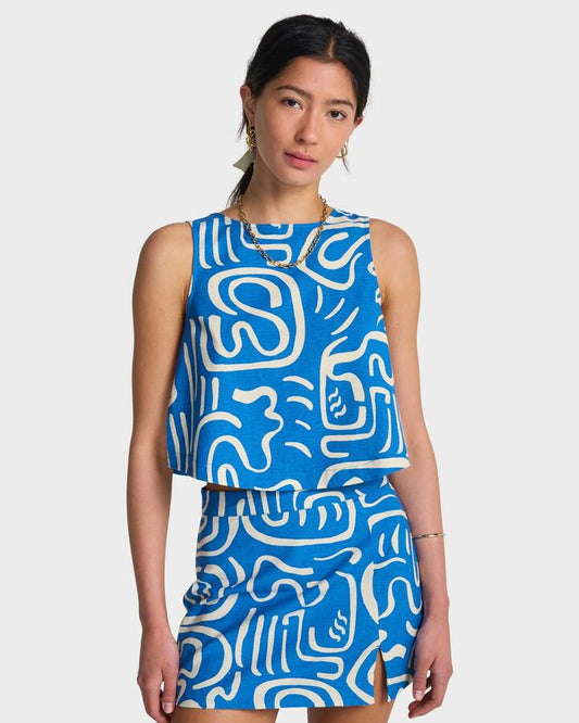 Image of a model wearing Tops. Productname: billabong - Womens So Breezy Cropped Woven Top - True Blue - in True Blue colour by brand - billabong