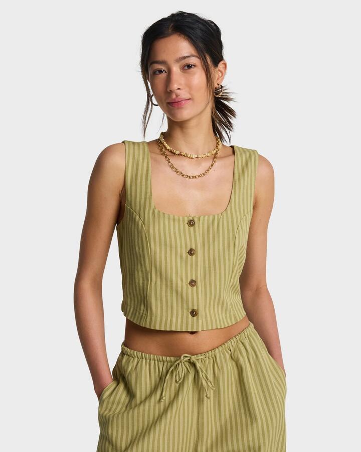 Image of a model wearing Tops. Productname: billabong - Womens Another Wave Woven Tank Top - Cedar - in Cedar colour by brand - billabong