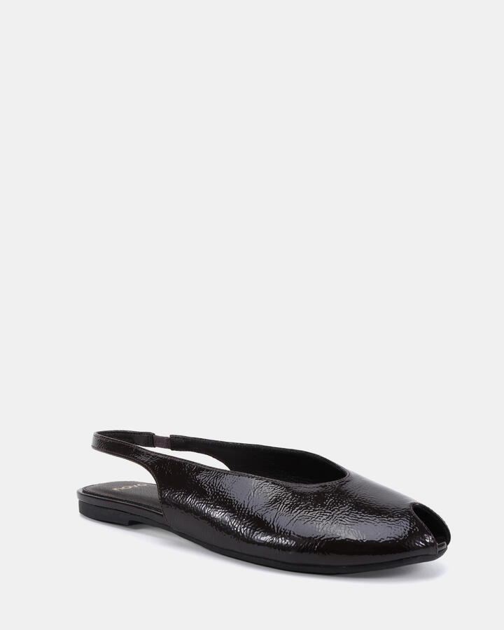 Image of Flats. Product name - Chadwick Espresso Crinkle Patent Vegan Flats in Espresso Crinkle Patent colour by brand - Novo