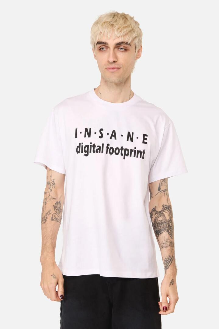 Image of a model wearing Tops. Productname: Digital Unisex Tee in White colour by brand - Pulp Kitchen