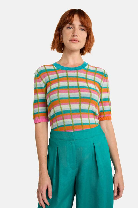 Image of a model wearing Tops. Productname: So Check Knit Top in Check colour by brand - Gorman