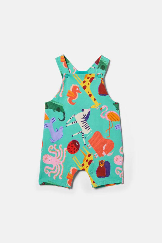 Image of a model wearing Pants. Product name - Zoo Tropics Baby Overalls in Green colour by brand - Gorman
