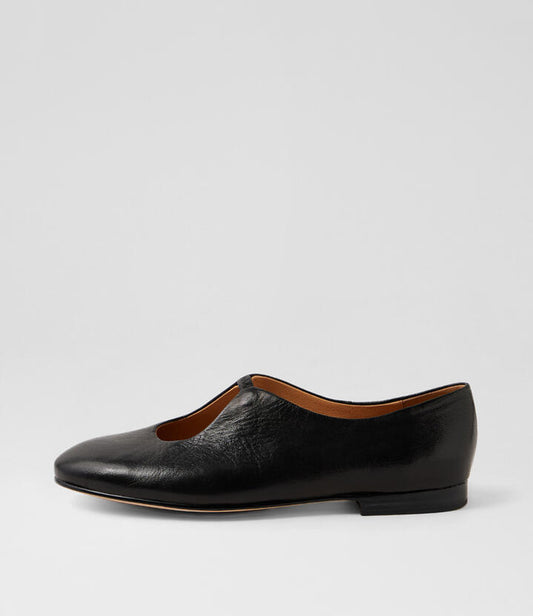 Image of Shoes. Productname: Ufredo Black Polish Leather Flat Shoes in Black Polish colour by brand - MIDAS