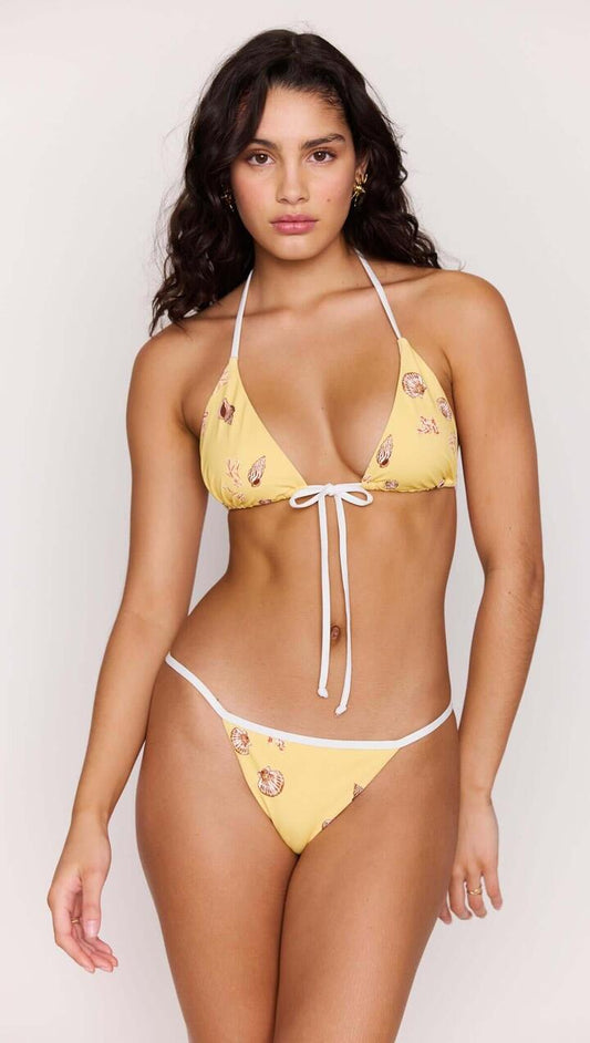 Image of Swimwear. Product name - Yellow Printed Tie Front Bikini Top in Butter Seashells colour by brand - MINKPINK