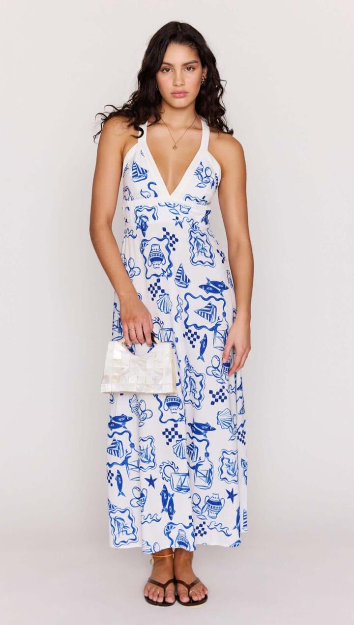 Image of Dresses. Product name - Blue Summer Cotton Blend Halter Neck Midi Dress in Nautical Stamps colour by brand - MINKPINK