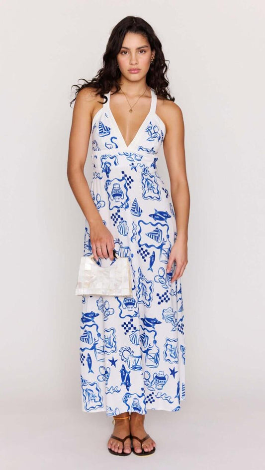 Image of Dresses. Product name - Blue Summer Cotton Blend Halter Neck Midi Dress in Nautical Stamps colour by brand - MINKPINK