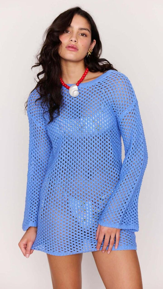 Image of Dresses. Product name - Blue Cotton Crochet Knit Mini Dress in Blue colour by brand - MINKPINK