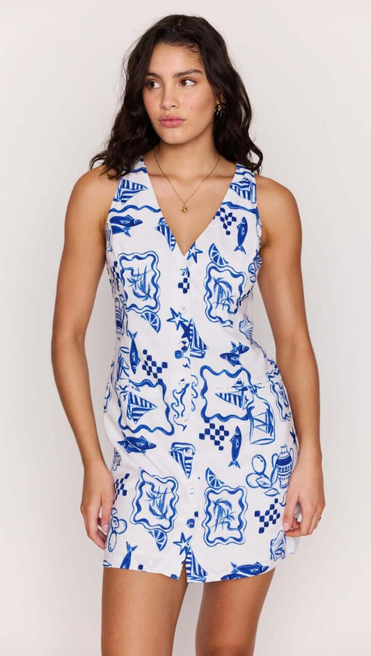 Image of Dresses. Product name - Blue Summer Cotton Blend Button Mini Dress in Nautical Stamps colour by brand - MINKPINK