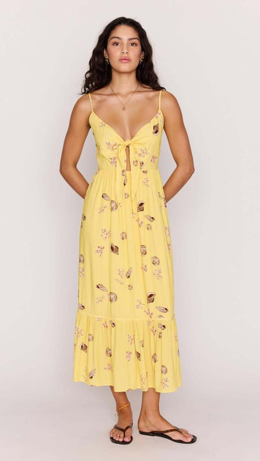 Image of Dresses. Product name - Yellow Printed ECOVERO Summer Midi Dress in Butter Seashells colour by brand - MINKPINK