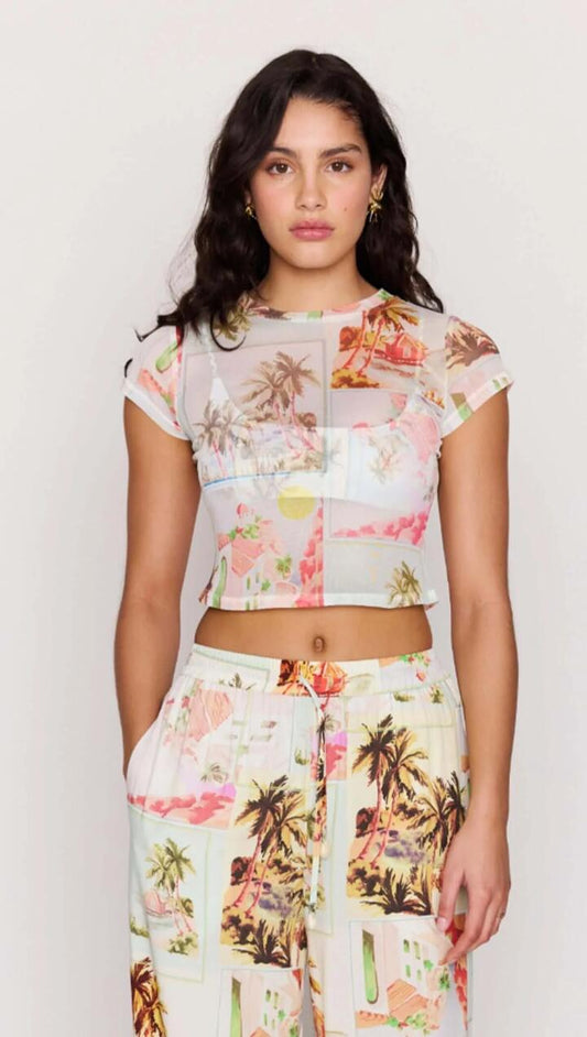 Image of a model wearing Tops. Product name - Palm Print Cropped Mesh Tee in Vintage Postcards colour by brand - MINKPINK