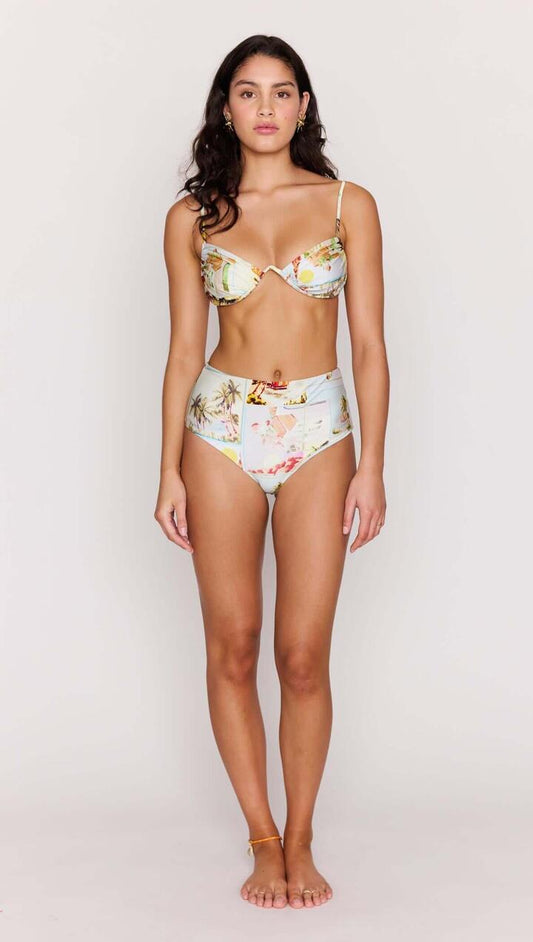 Image of Swimwear. Product name - Palm Print High Waisted Bikini Bottoms in Vintage Postcards colour by brand - MINKPINK