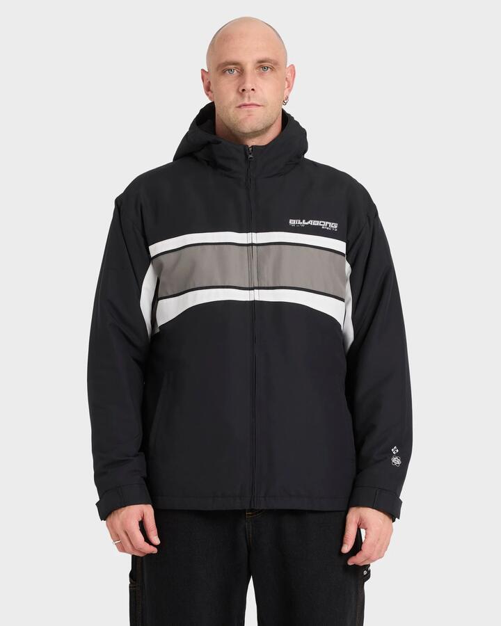 Image of a model wearing Outerwear. Product name - Billabong Mens Fluid 2K Hooded Bomber Black in Black colour by brand - Billabong