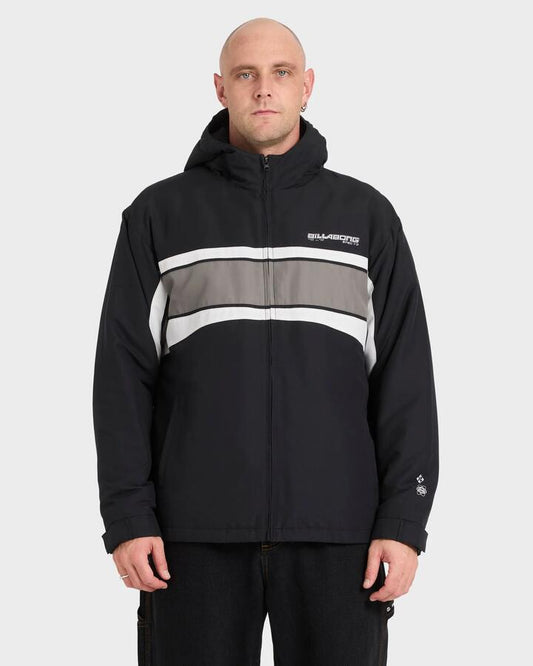 Image of a model wearing Outerwear. Product name - Billabong Mens Fluid 2K Hooded Bomber Black in Black colour by brand - Billabong