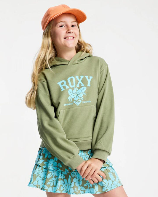 Image of a model wearing Outerwear. Product name - Roxy Girls 4-16 Hope You Trust 2 Pullover Hoodie Oil Green in Oil Green colour by brand - Roxy