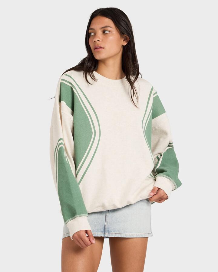 Image of a model wearing Outerwear. Product name - RVCA Womens Luck Off Pullover Crew Neck Vintage White in Vintage White colour by brand - RVCA