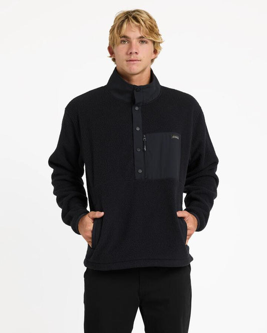 Image of a model wearing Outerwear. Product name - Quiksilver Mens South Sherpa Fleece Jumper Black in Black colour by brand - Quiksilver
