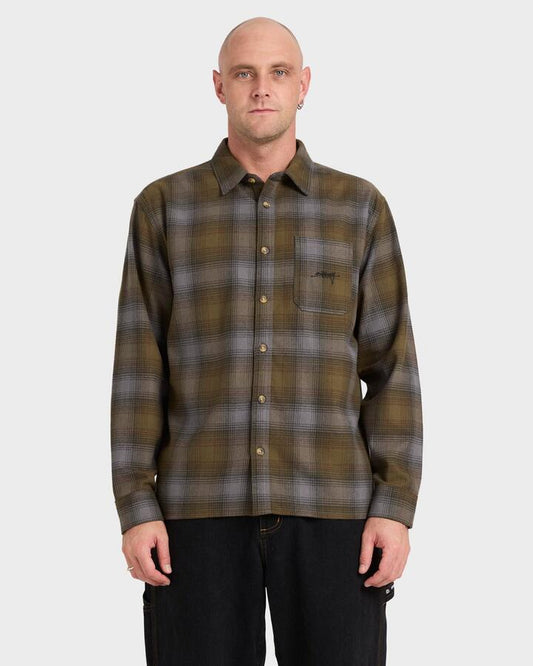 Image of a model wearing Tops. Productname: billabong - Mens Script Long Sleeve Flannel Shirt - Olive - in Olive colour by brand - billabong