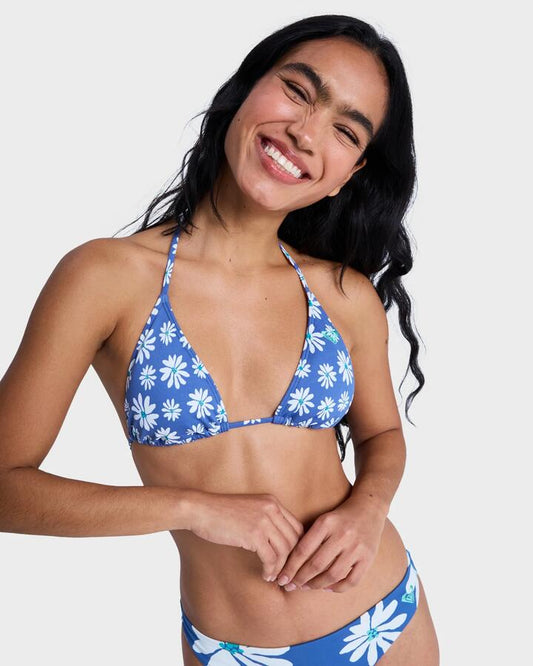 Image of Swimwear. Product name - Roxy Womens Printed Essentials Tiki Tri Bikini Top Dutch Blue Flower Soul Small in Dutch Blue Flower Soul Small colour by brand - Roxy