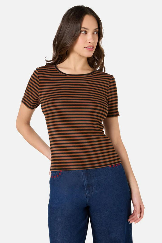 Image of a model wearing Tops. Productname: Jennifer Stripe Tee in Coffee colour by brand - Princess Highway