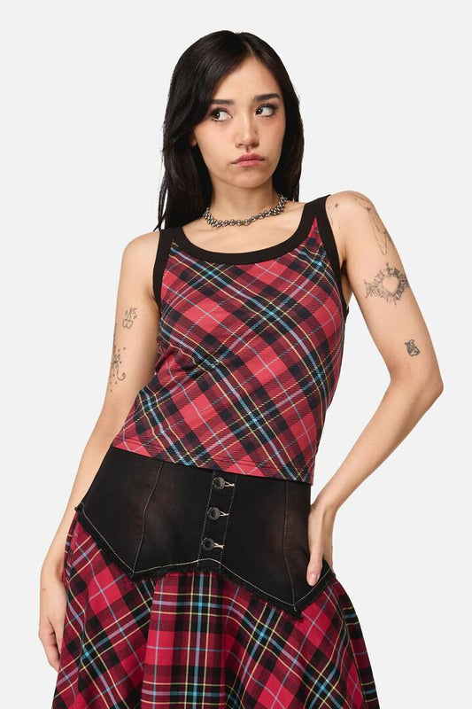 Image of a model wearing Tops. Productname: Stop It Grunge Tartan Tank Top in Multi colour by brand - Dangerfield
