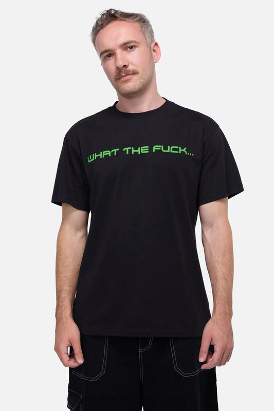 Image of a model wearing Tops. Productname: WTF Unisex Tee in Black colour by brand - Pulp Kitchen