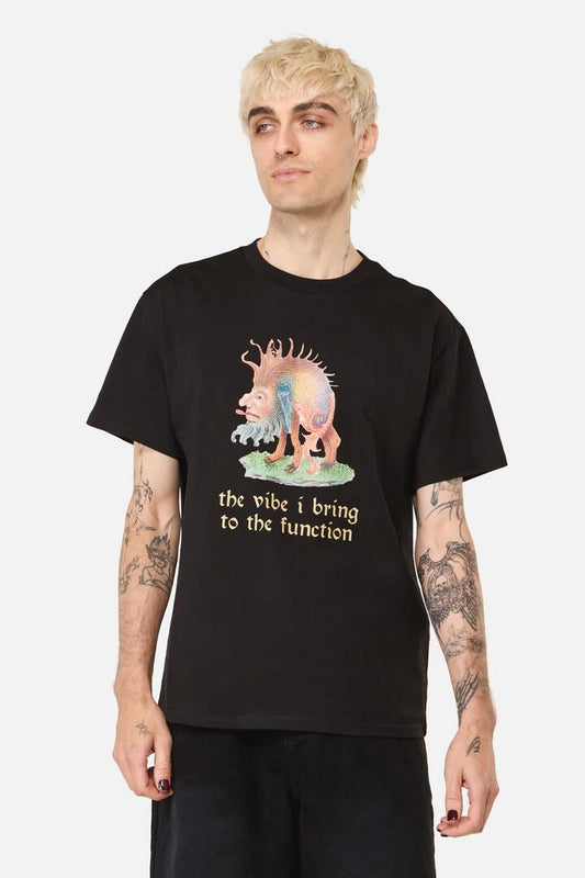 Image of a model wearing Tops. Productname: Vibes Unisex Tee in Black colour by brand - Pulp Kitchen