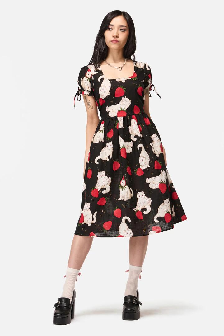 Image of Dresses. Productname: Strawberry Cat Repeat Dress in Black colour by brand - Dangerfield