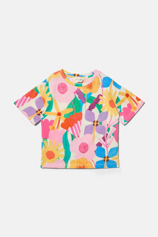 Image of a model wearing Tops. Productname: Cut Paste Floral Kids T-Shirt in Cream colour by brand - Gorman