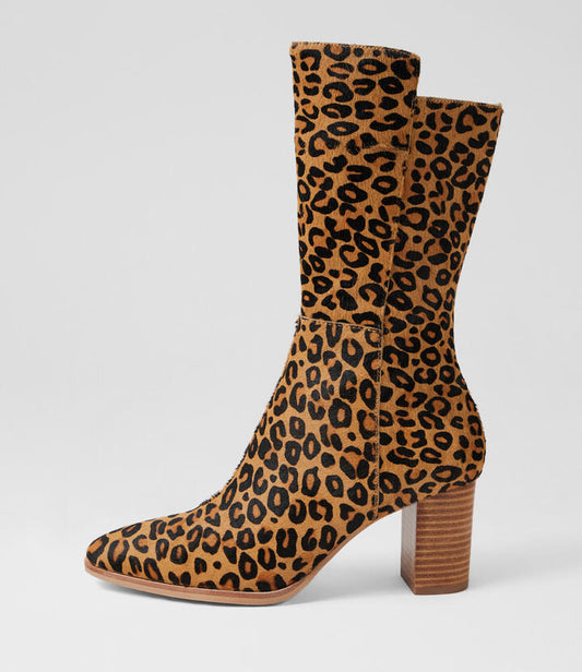 Image of Boots. Productname: Ainslee Light Tan Leopard Pony Calf Boots in Lt Tan Leopard colour by brand - MIDAS