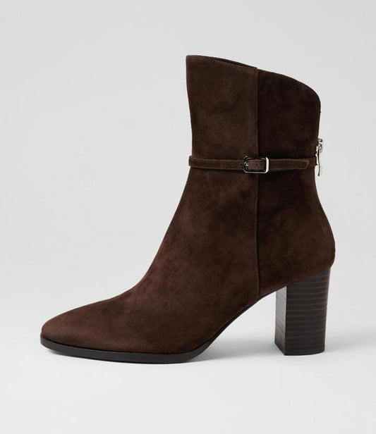 Image of Boots. Productname: Aikido Choc Heel Suede Ankle Boots in Choc-Choc Heel colour by brand - MIDAS