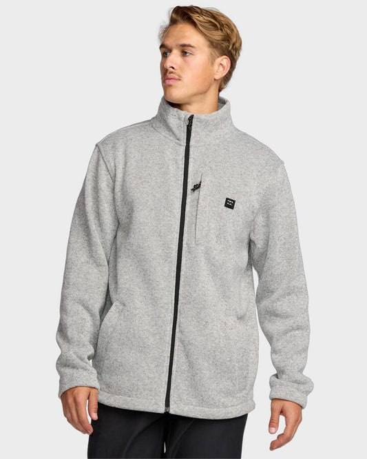 Image of a model wearing Outerwear. Product name - Billabong Mens Boundary Mock Zip Fleece Top Grey Heather in Grey Heather colour by brand - Billabong