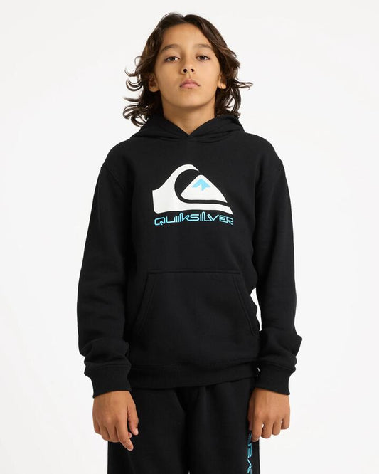 Image of a model wearing Outerwear. Product name - Quiksilver Boys 8-16 Comp Logo Pullover Hoodie Black in Black colour by brand - Quiksilver