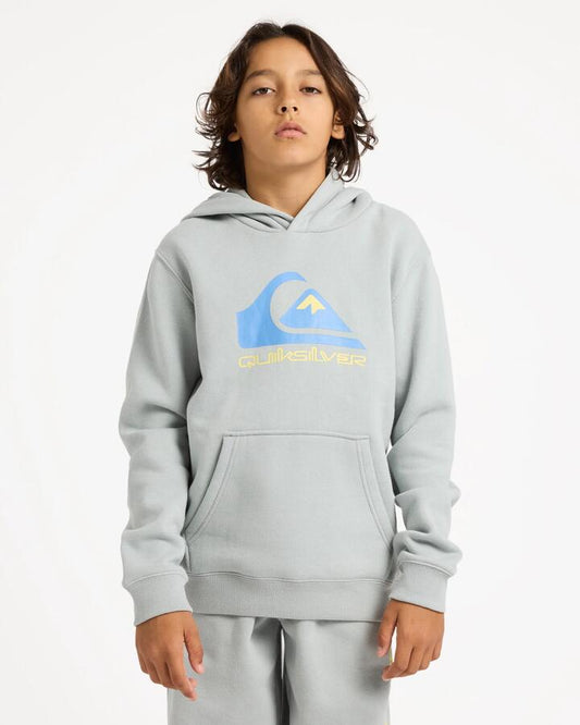 Image of a model wearing Outerwear. Product name - Quiksilver Boys 8-16 Comp Logo Pullover Hoodie Quarry in Quarry colour by brand - Quiksilver