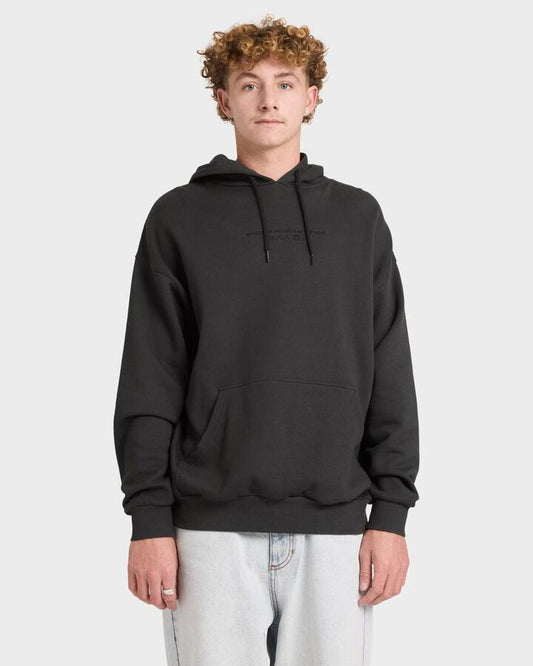 Image of a model wearing Outerwear. Productname: rvca - Mens Thru View Pullover Hoodie - Pirate Black - in Pirate Black colour by brand - rvca