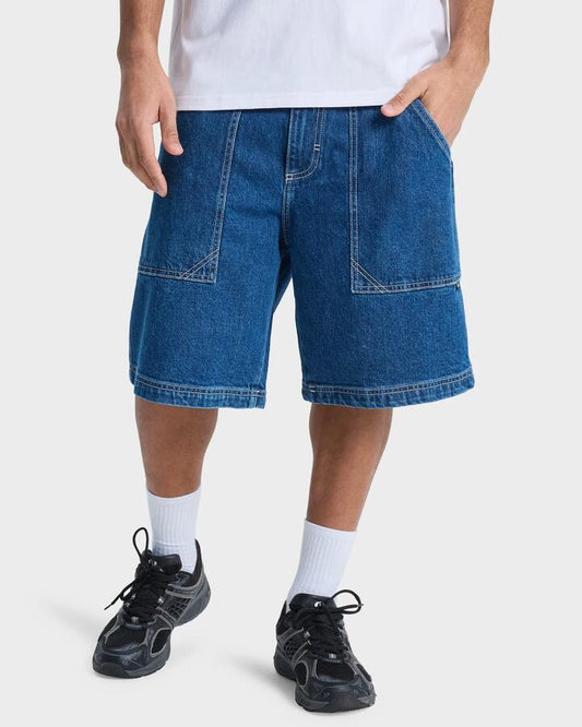 Image of a model wearing Shorts. Productname: quiksilver - Mens Mercury Denim Shorts - Stone Indigo - in Stone Indigo colour by brand - quiksilver