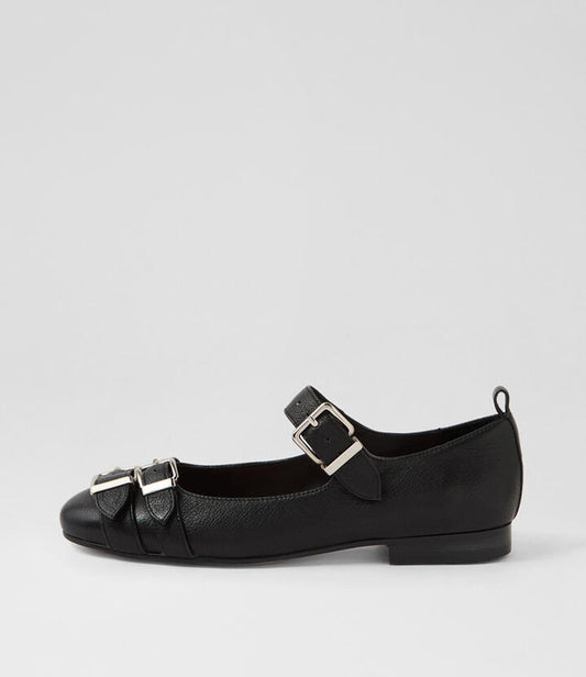Image of Shoes. Productname: Ideal Black Leather Flat Shoes in Black colour by brand - MIDAS