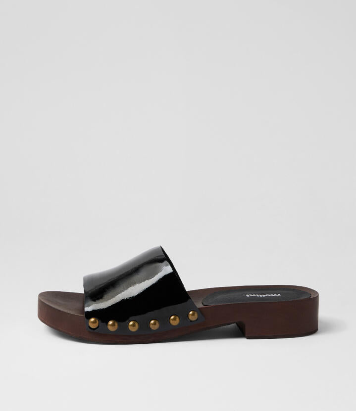 Image of Sandals. Productname: Leyler Black Patent Leather Mules in Black colour by brand - MOLLINI