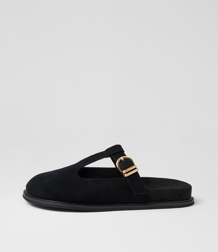 Image of Sandals. Productname: Vileri Black Suede Mules in Black colour by brand - MOLLINI