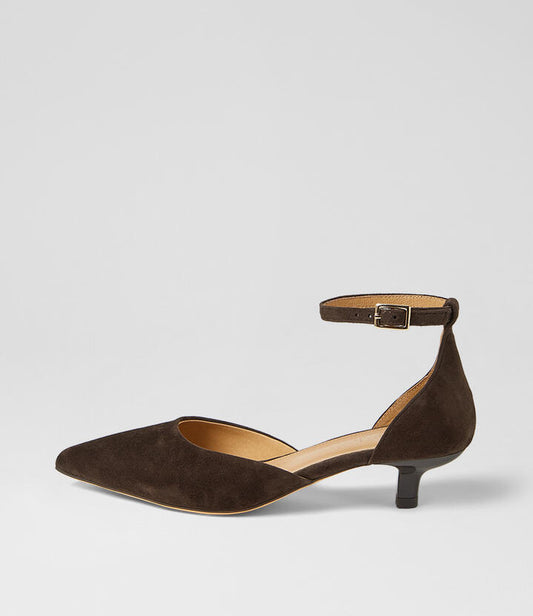 Image of Heels. Product name - Cushla Dark Choc Suede Pump Heels in Dk Choc colour by brand - MOLLINI